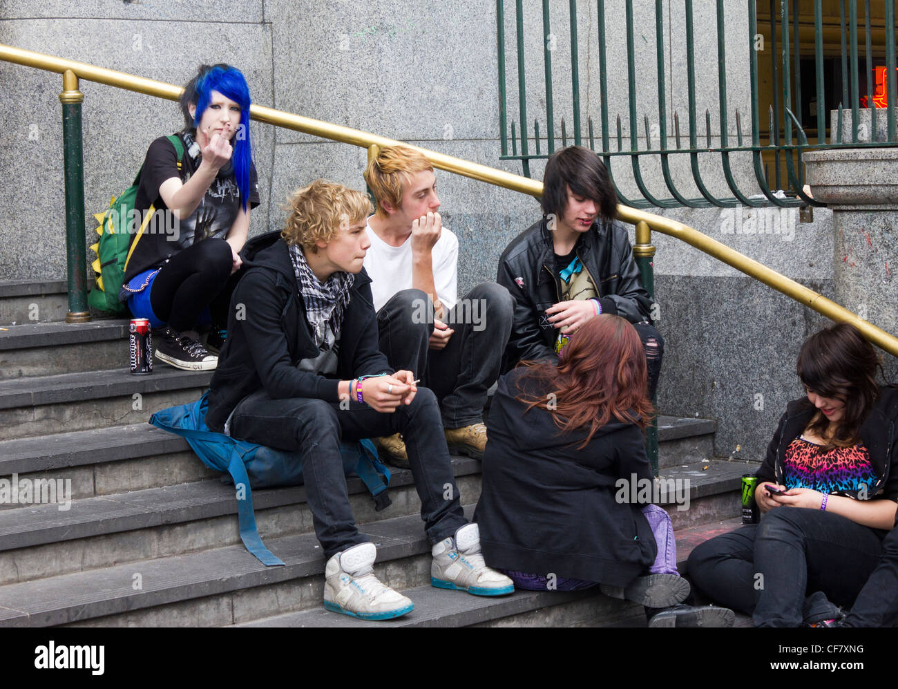 disaffected youths outside Flinders Street Station, Melbourne, Australia Stock Photo