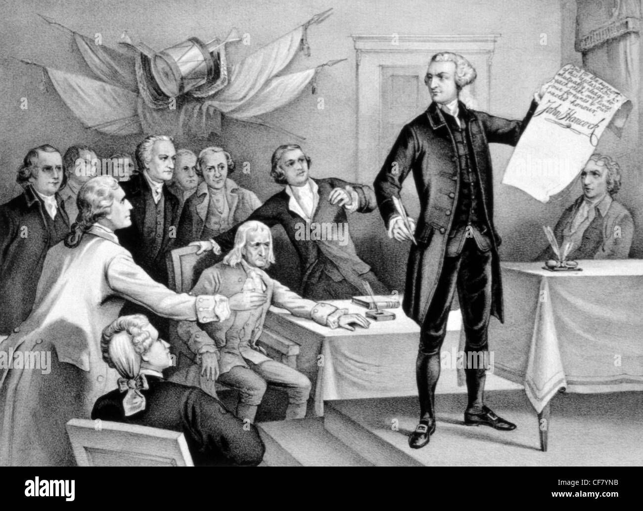 Vintage lithograph print of American statesman John Hancock (1737 - 1793) brandishing the US Declaration of Independence with his signature on it. Stock Photo