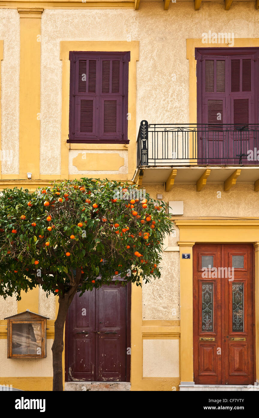 Colourfull house facade in the old town of Nafplio, Greece's first capital after independence, Argolid, Peloponnese, Greece. Stock Photo