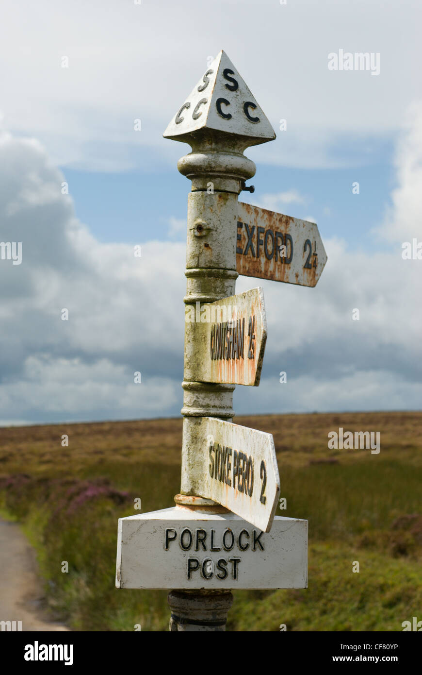 Somerset County Council road sign at Porlock Post near Dunkery Beacon within the Exmoor National Park Stock Photo