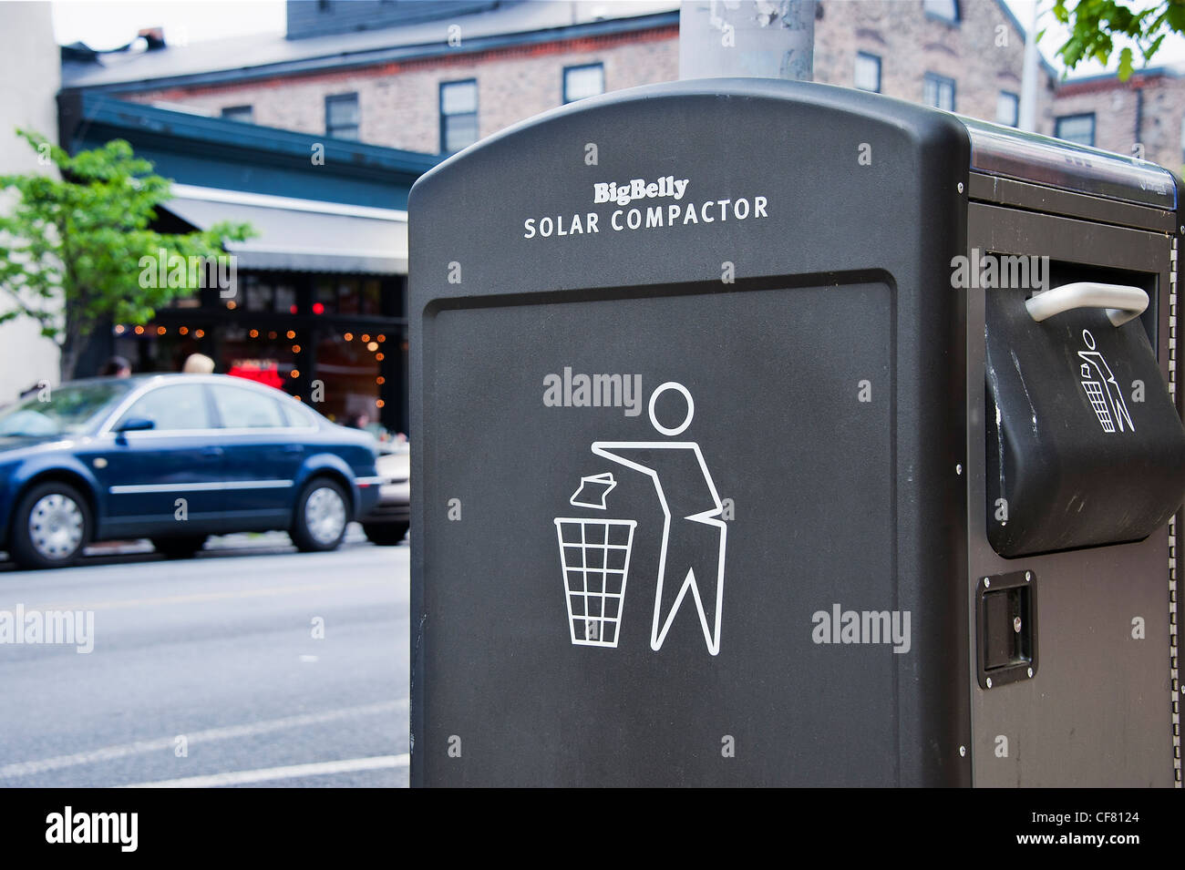 Public solar compactor trash receptacle, Manayunk, PA, USA Stock Photo