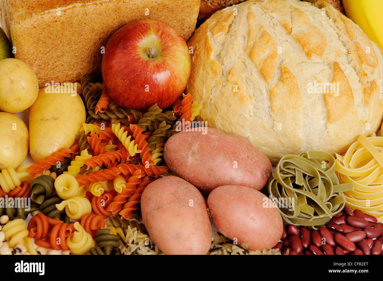 Carbohydrates and fruit still life Stock Photo