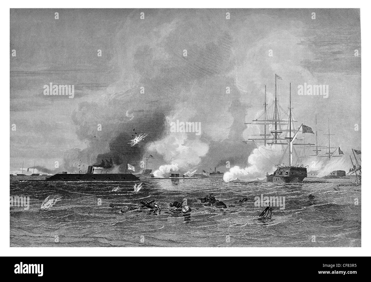 Naval Conflict in Hampton Roads Action Between the Monitor and Merrimack Virginia Ironclads Stock Photo