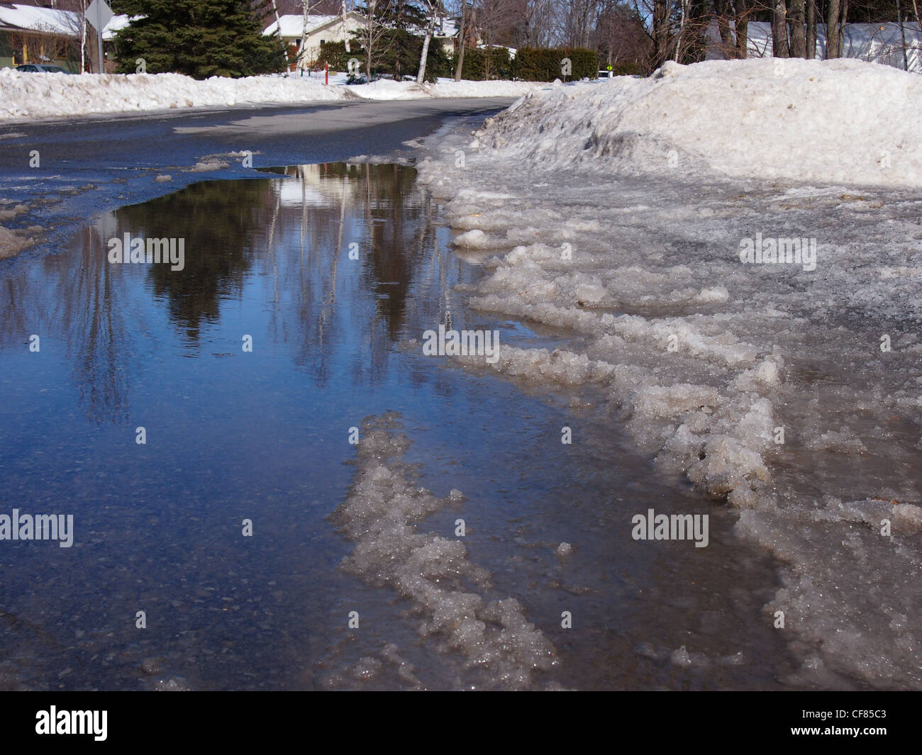 Big puddle with reflection, snow and Spring thaw Stock Photo