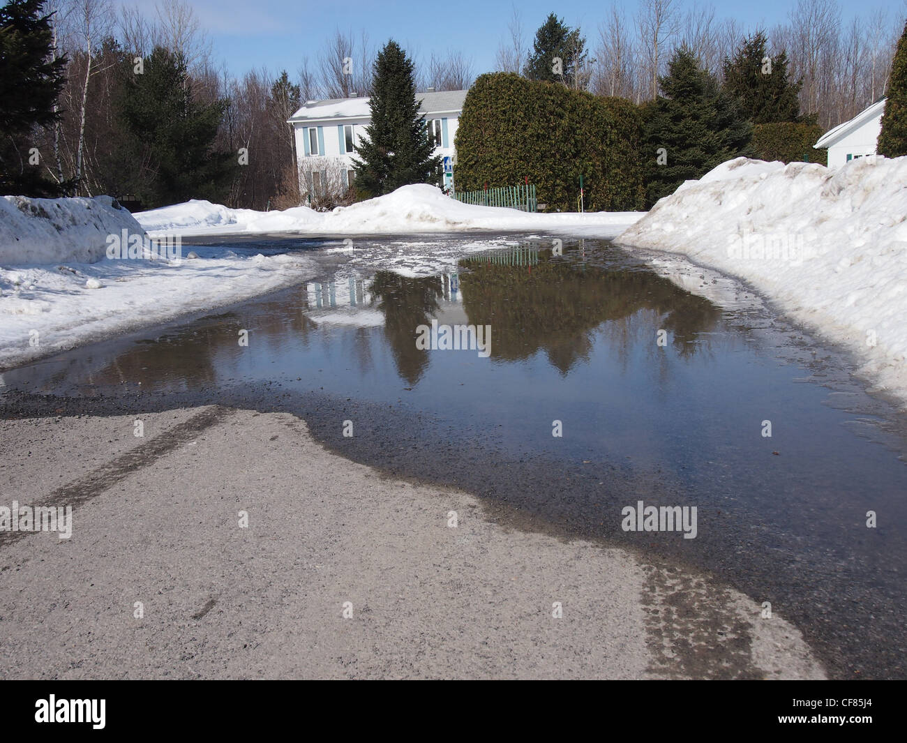 Spring thaw and flooding on road Stock Photo