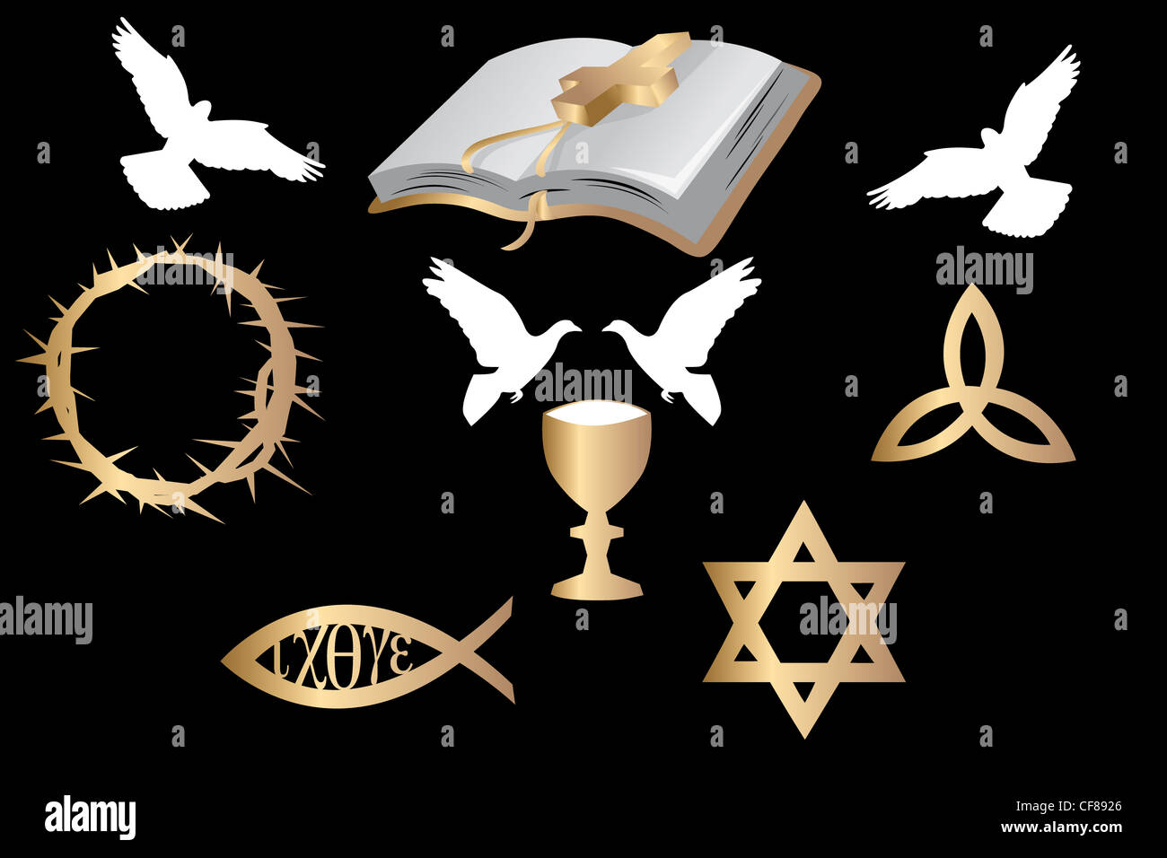 various religious symbols and doves isolated on black background Stock Photo
