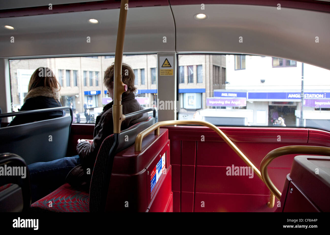 New Routemaster bus, London - upper deck and rear stairs Stock Photo