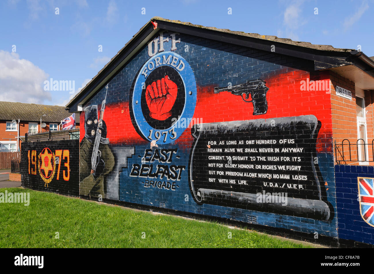 Loyalist Murals at 'Freedom Corner', Newtownards Road, Belfast Stock Photo