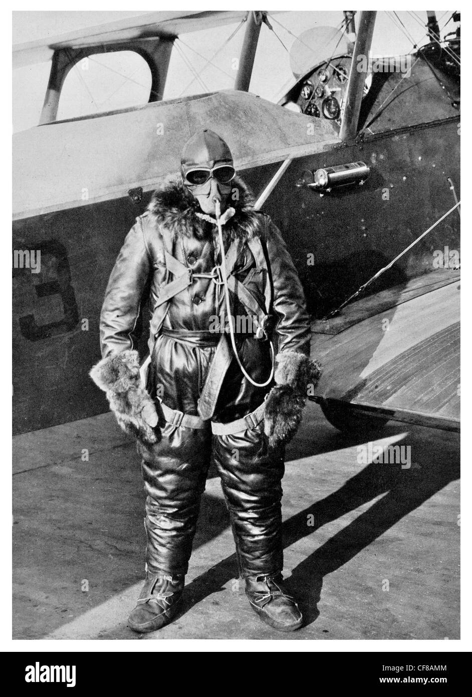 1926 US Air Corps Pilot equipped for high altitiude woolen underwear feather down fur lined goggles Stock Photo