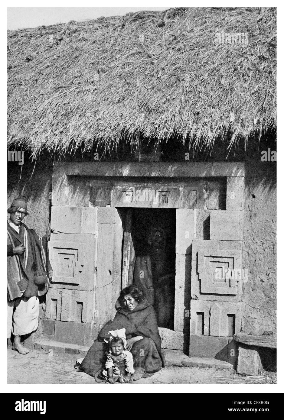 1927  home in temple ruin Tiahuanacu Stock Photo