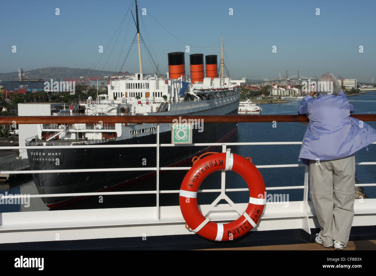 The RMS Queen Mary a retired ocean liner Now a hotel and restaurant, moored at the Long Beach harbour, California, USA Stock Photo