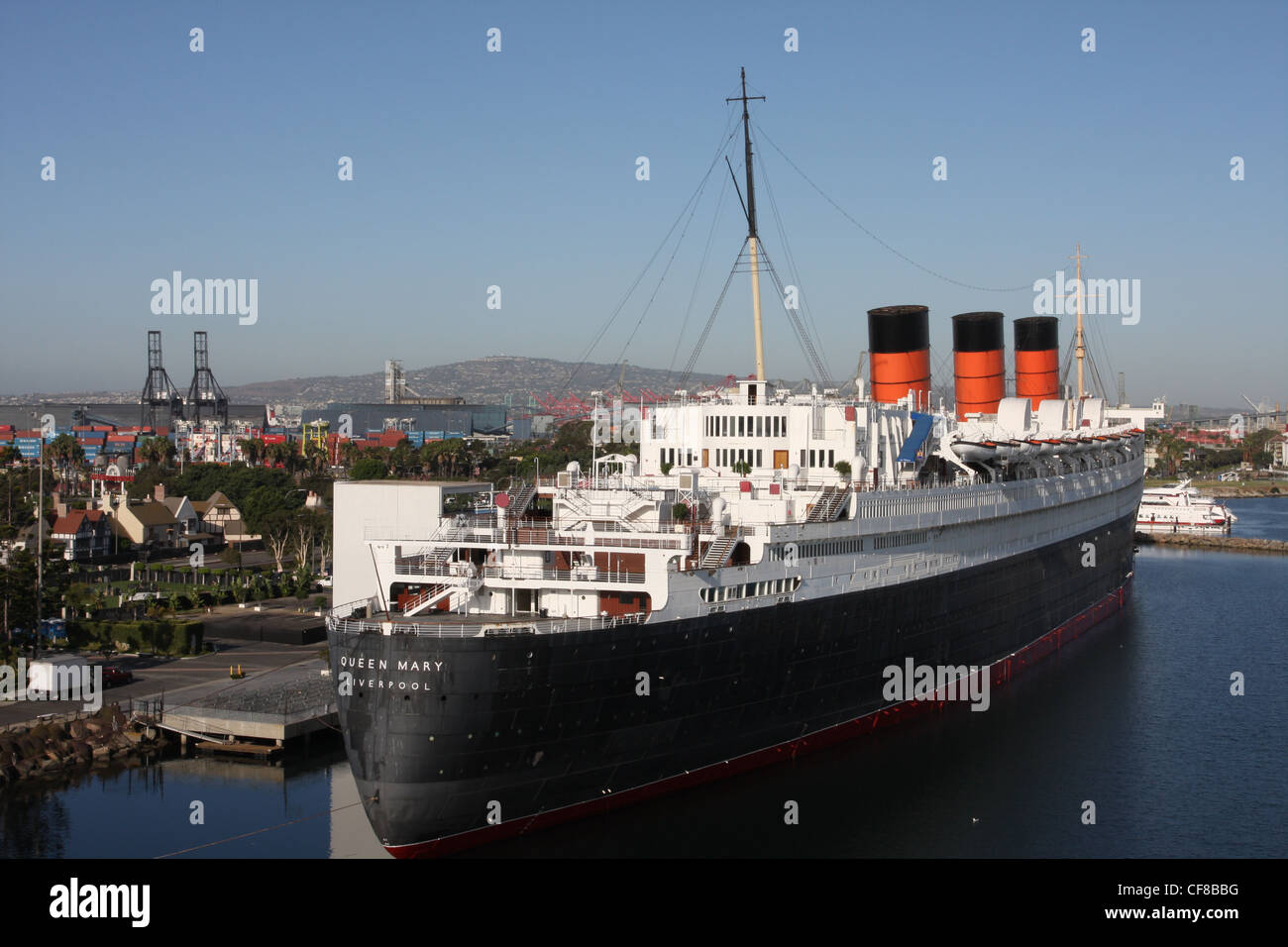 The RMS Queen Mary a retired ocean liner Now a hotel and restaurant, moored at the Long Beach harbour, California, USA Stock Photo