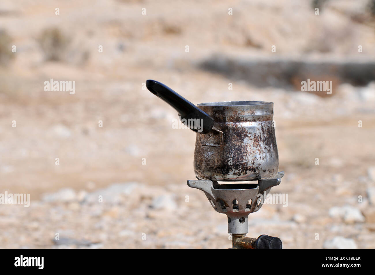 Israel, Arava, Outdoor cooking boiling water for tea Stock Photo