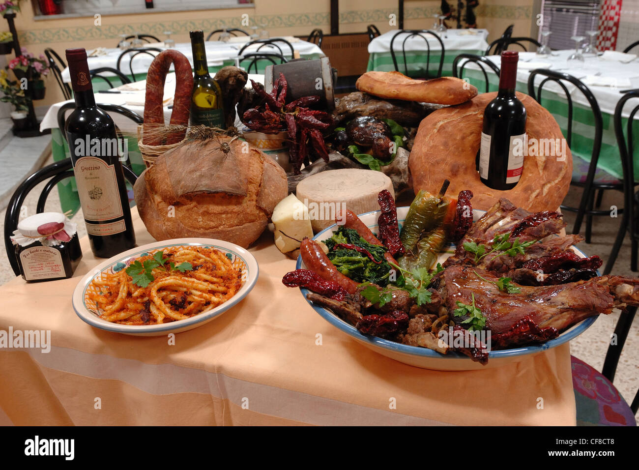 typical Lucanian food cheese cheese canestrato pasta meat homemade bread Italian red wine sausage south Italy basilicata region Stock Photo