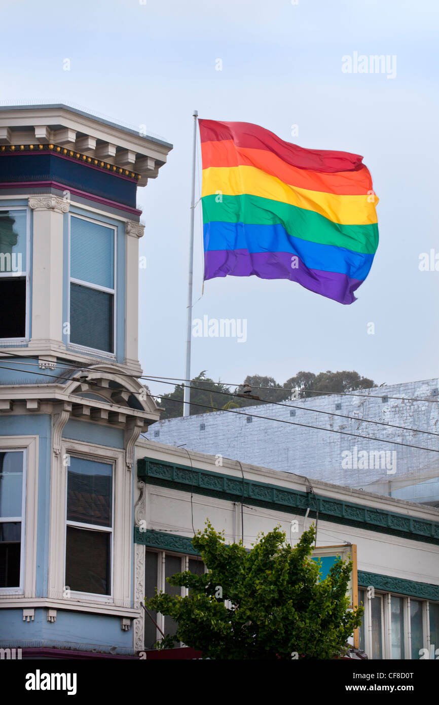 Gay Pride Rainbow Flag Flying in the Wind Over the Castro, San Francisco, California Stock Photo