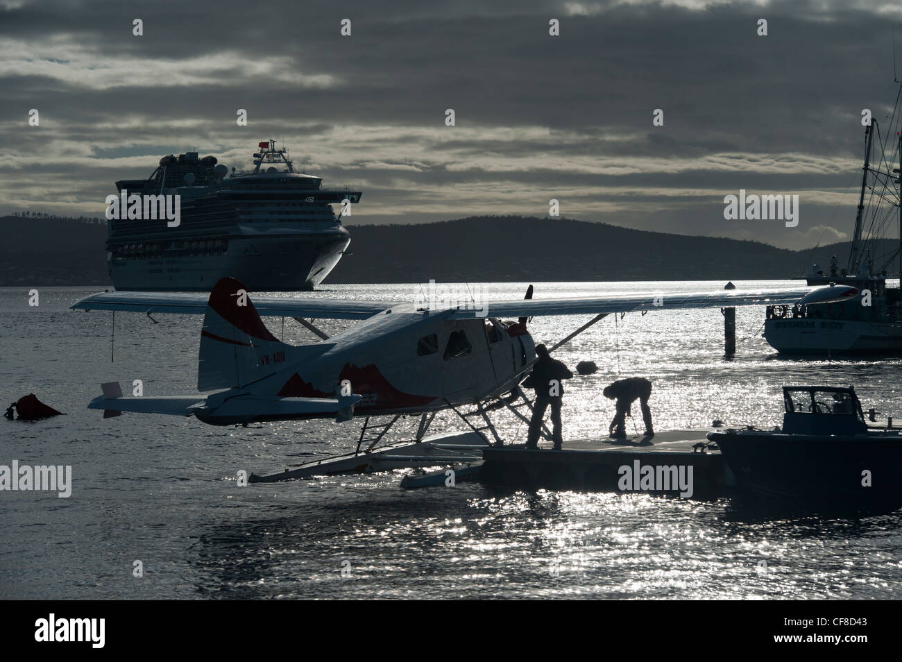 The Diamond Princess Cruise Ship and a De Havilland Beaver from Franklin Wharf in Hobart, Tasmania Stock Photo