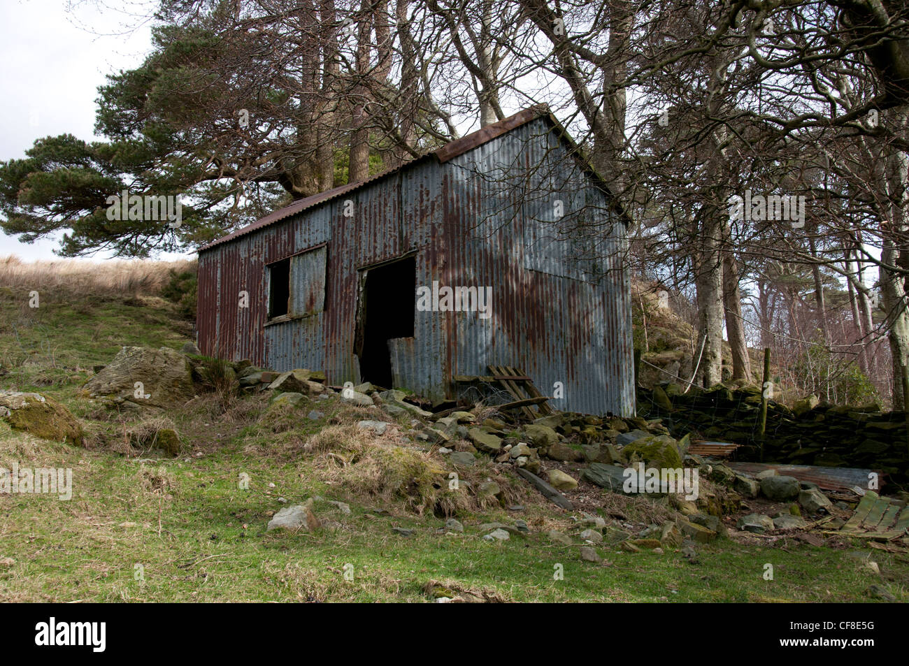 Derelict tin building at the side of the road in Snowdonia Stock Photo