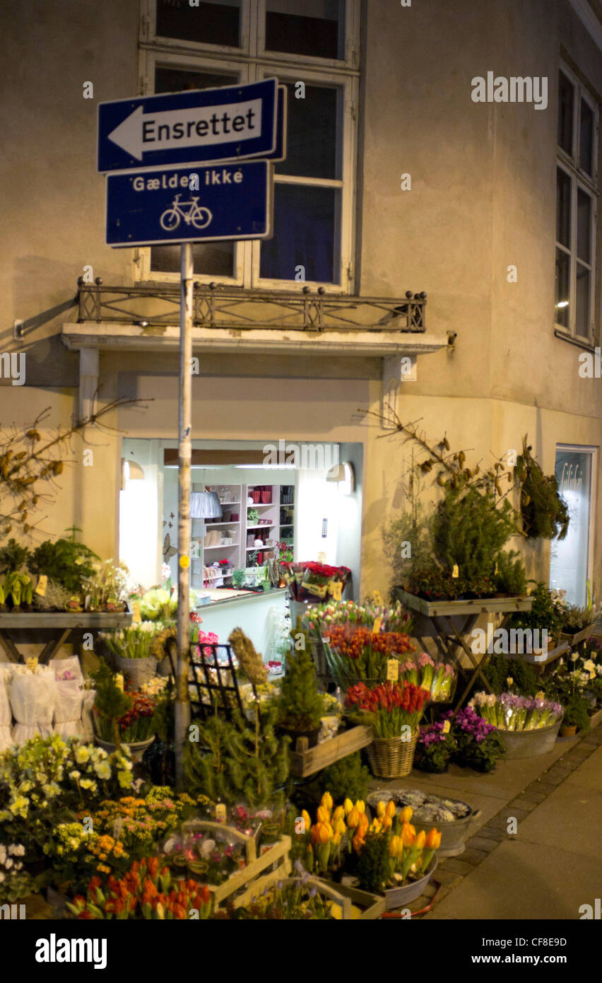 View of a florist shop at night in the centre of Copenhagen, Denmark Stock Photo