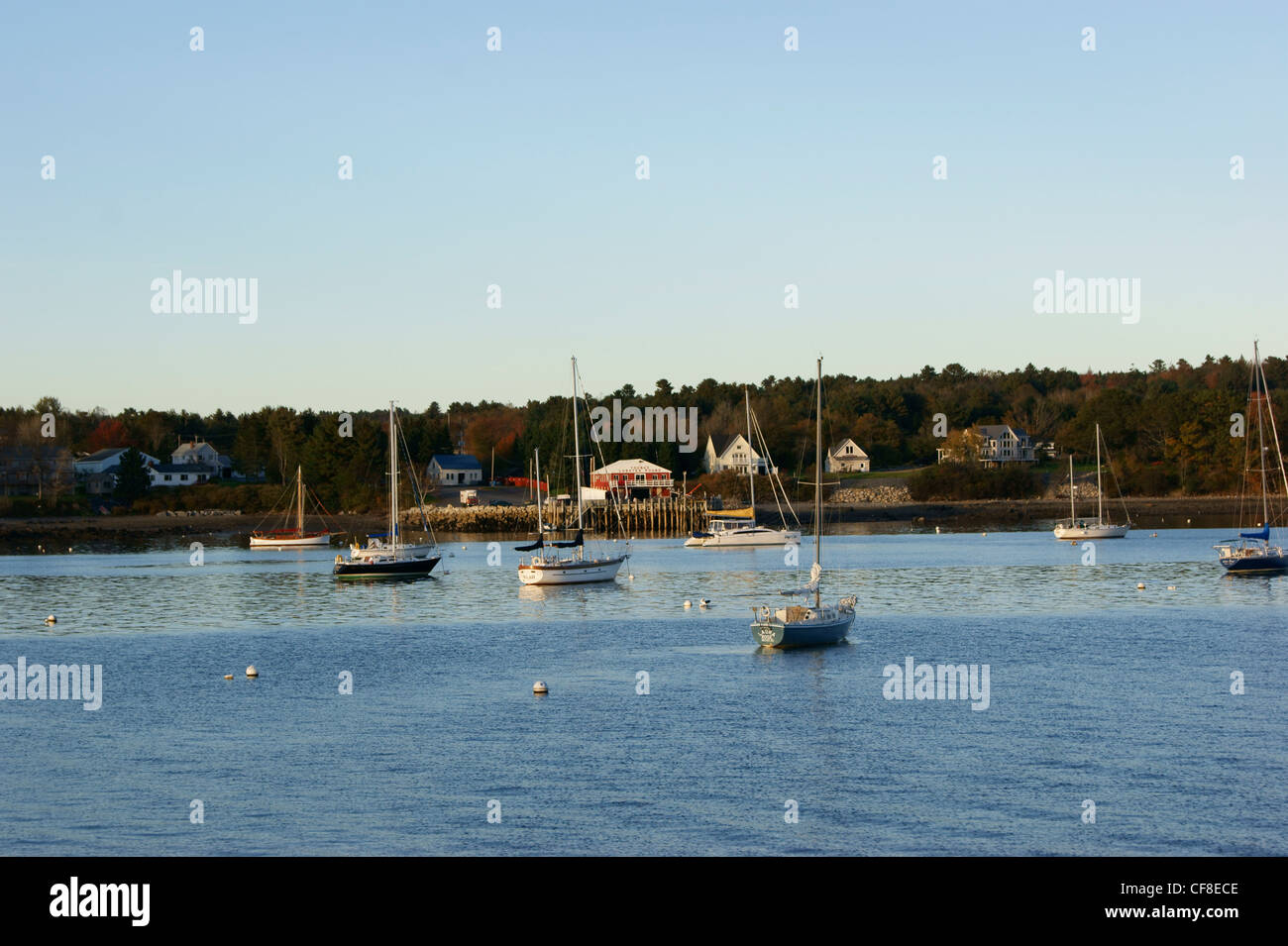 Sailboats at anchor in the inner harbor at sunset, Belfast, Maine. Stock Photo