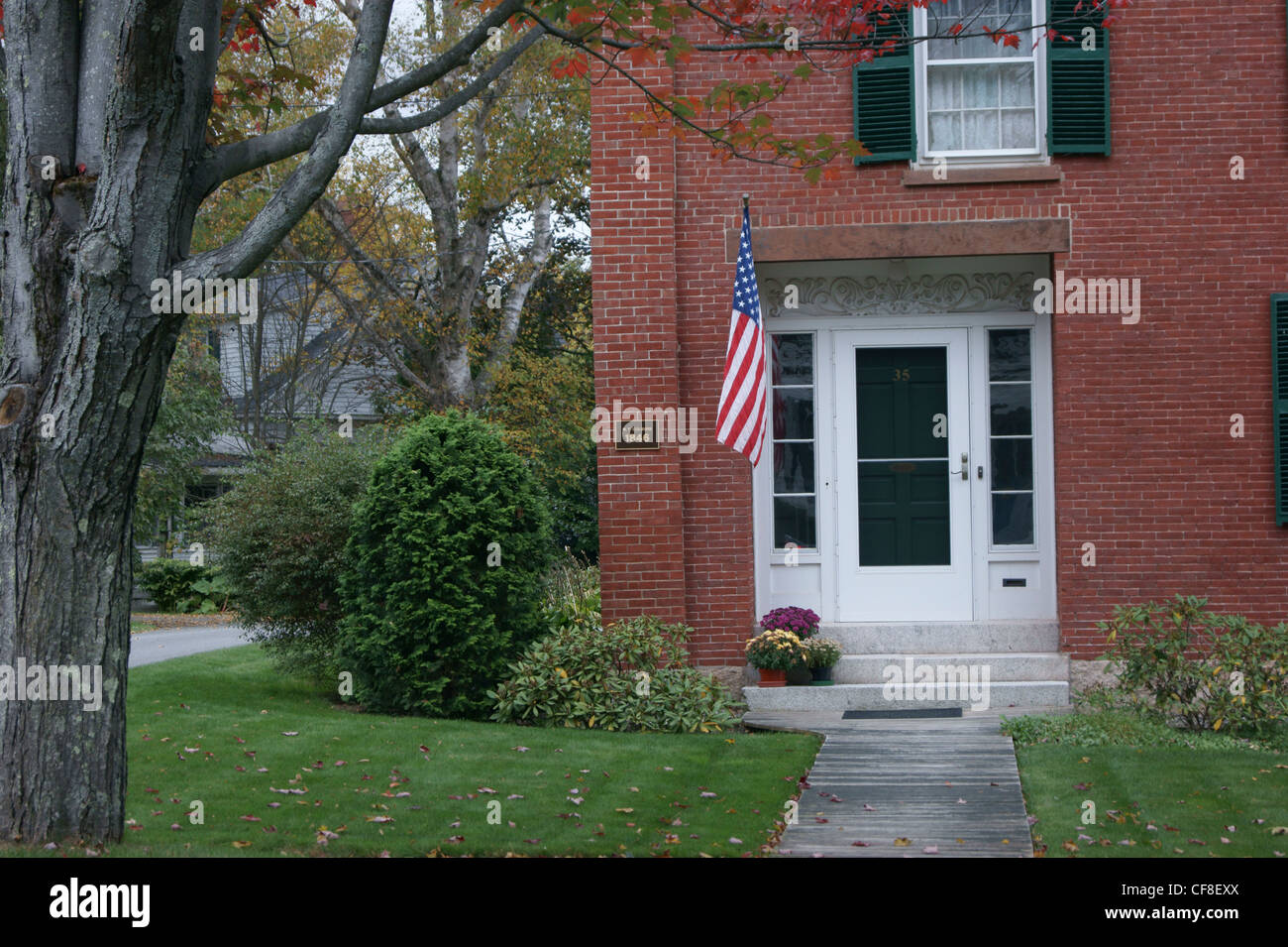 Entrance to an 1846 Greek Revival brick house in Belfast, Maine Stock