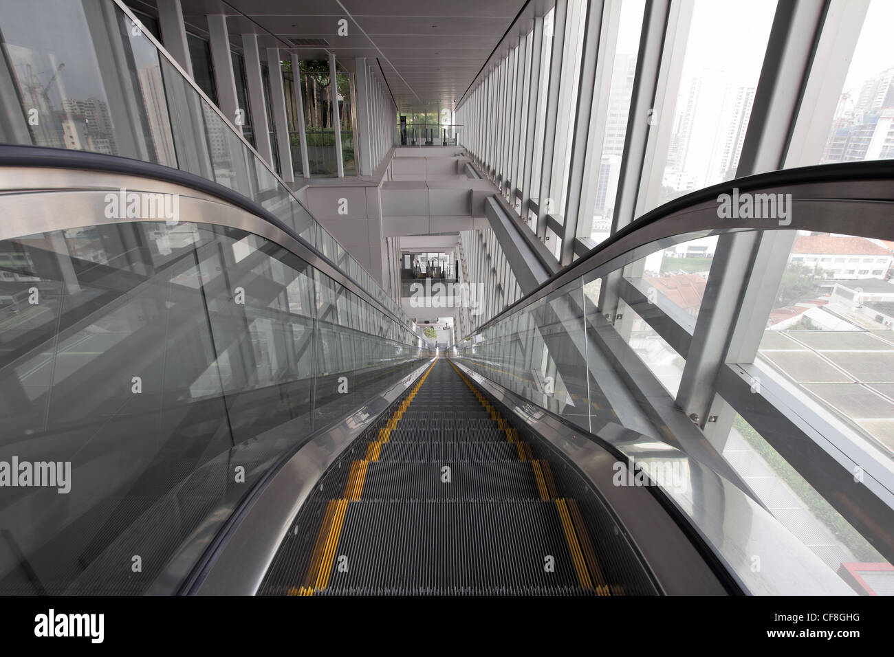 Long Generic Escalators in Public Library Going Up or Down Stock Photo