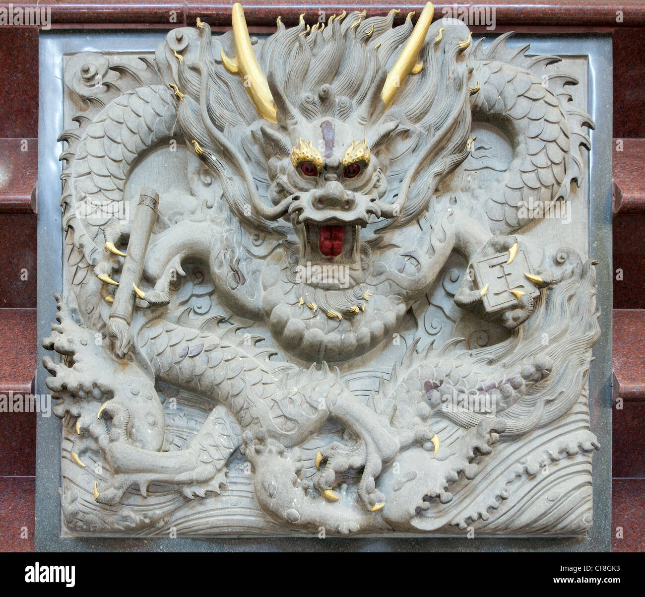 Chinese Dragon Stone Carving on Steps of Chinese Temple Stock Photo