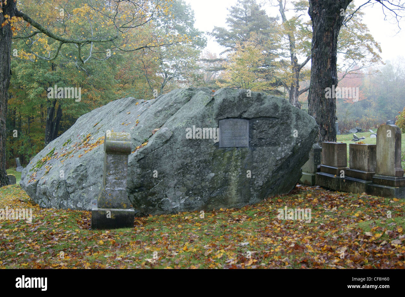 Headstone carved into a boulder in a cemetery, Belfast, Maine. Stock Photo
