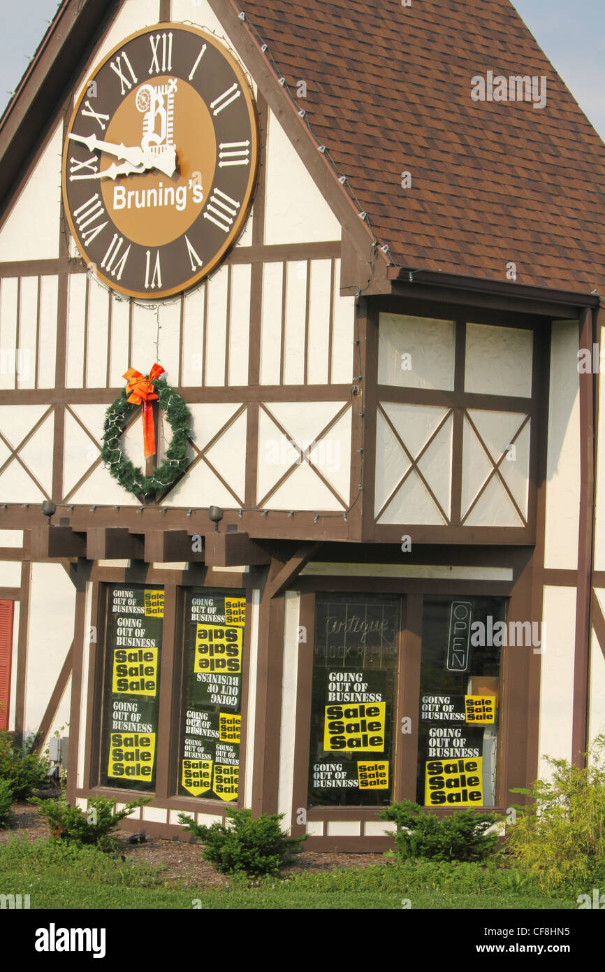 Going Out Of Business Sale signs. Bruning's Clock Shop. Beavercreek, Dayton, Ohio, USA. Stock Photo