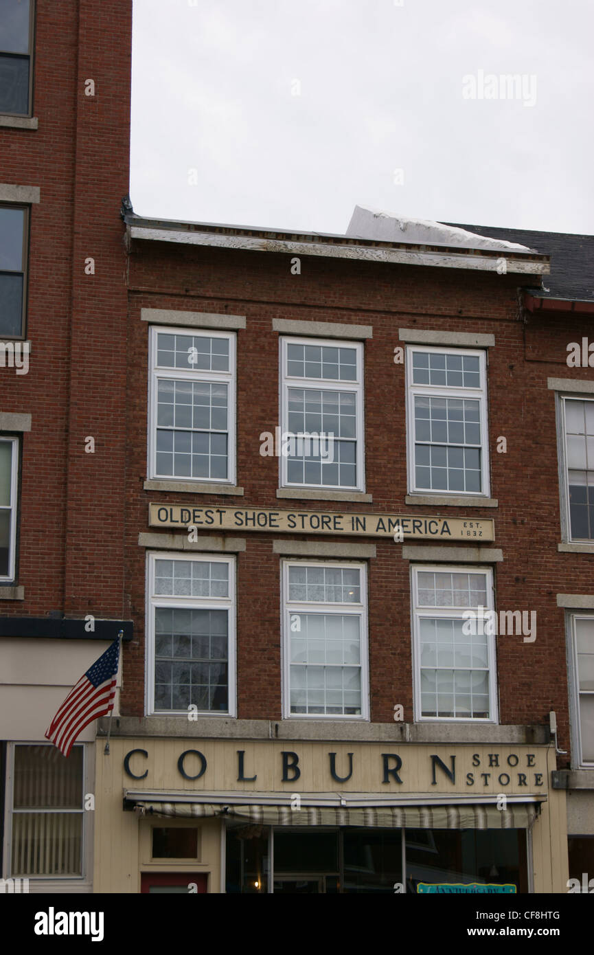 Cropped view of Colburn shoe store, the oldest shoe store in America, established 1832, Belfast, Maine. Stock Photo