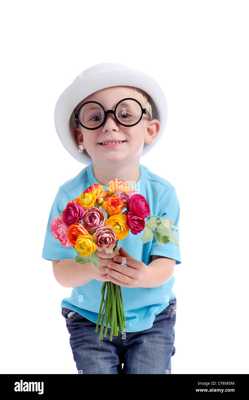 little boy with bouquet of flowers and funny glasses. isolated on white background Stock Photo
