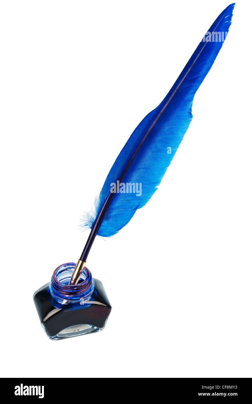 a blue pen with an ink bottle on white background Stock Photo