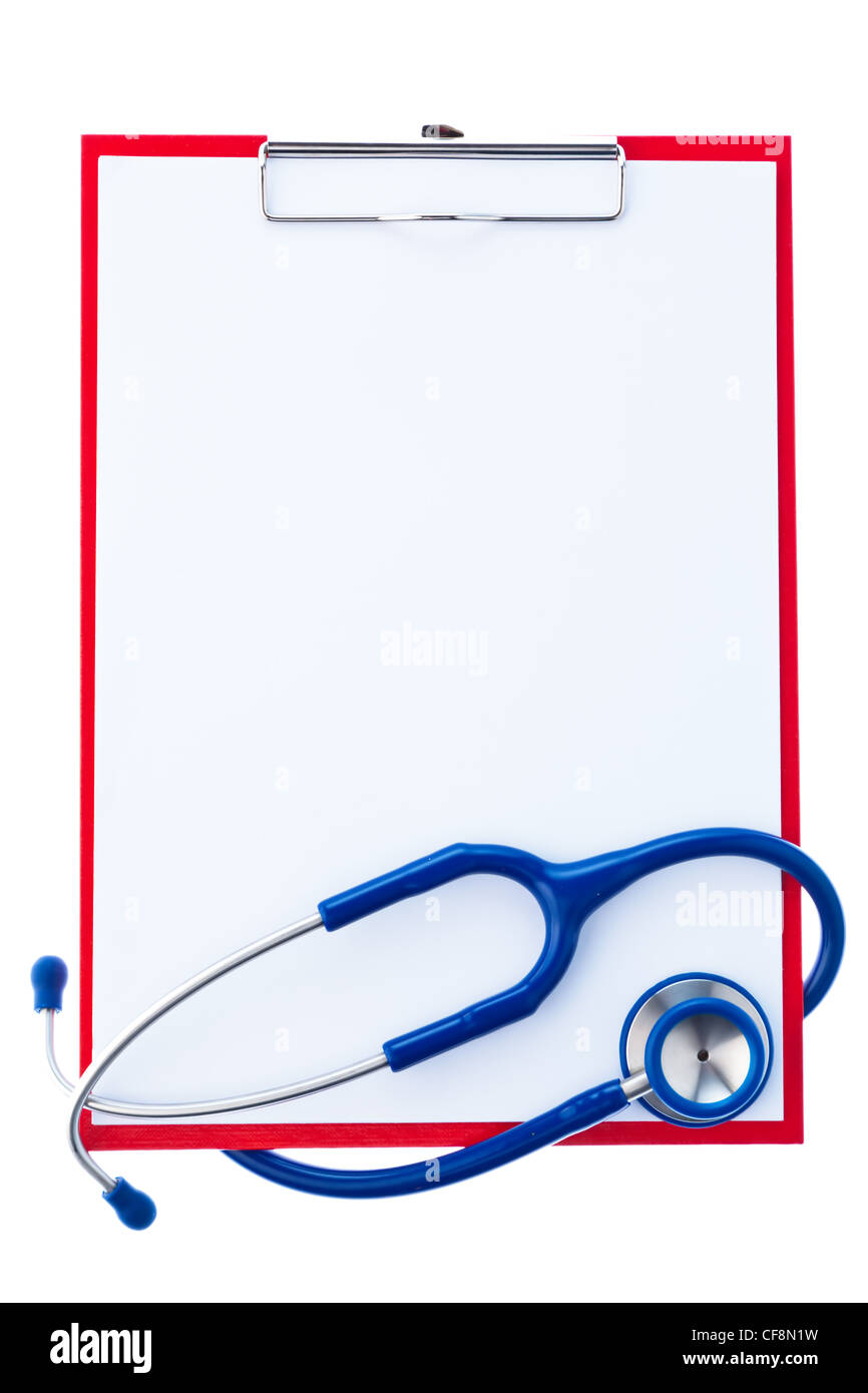 a clipboard with paper labels and a stethoscope. survey findings and a doctor. Stock Photo