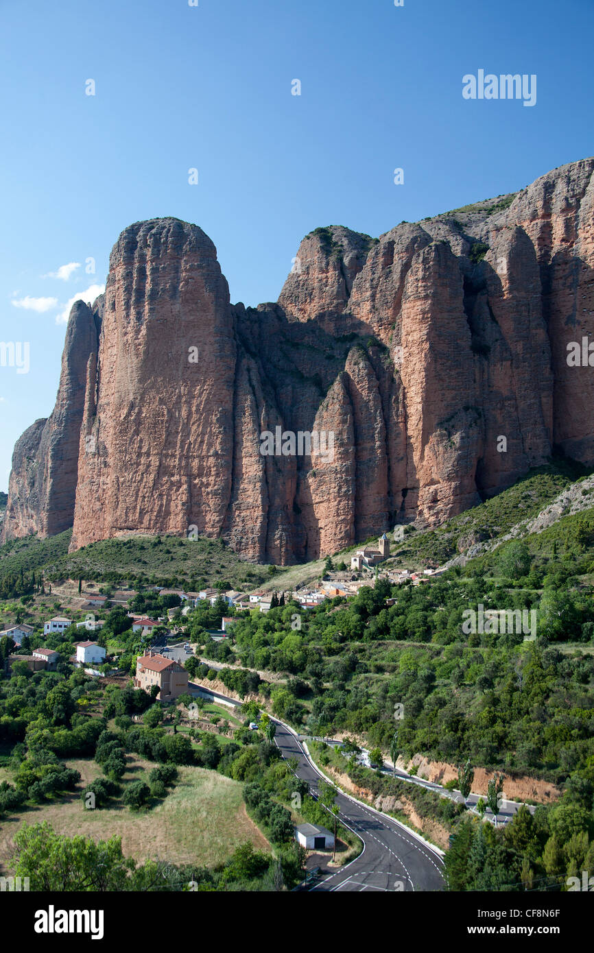 Spain, Europe, Aragon, Region, Huesca, Province, Riglos, beautiful, church, colourful, erosion, huge, landscape, mountain, Pyren Stock Photo