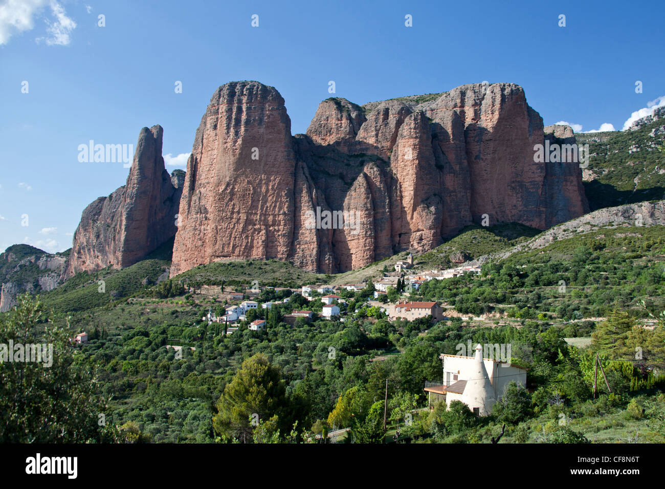 Spain, Europe, Aragon, Region, Huesca, Province, Riglos, beautiful, church, colourful, curious, erosion, huge, landscape, mounta Stock Photo
