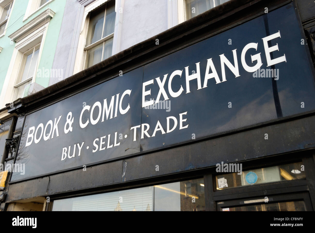 Book and Comic Exchange, sign, Notting Hill Gate, book, comic, books, comics, exchange, trading, London, England, Stock Photo