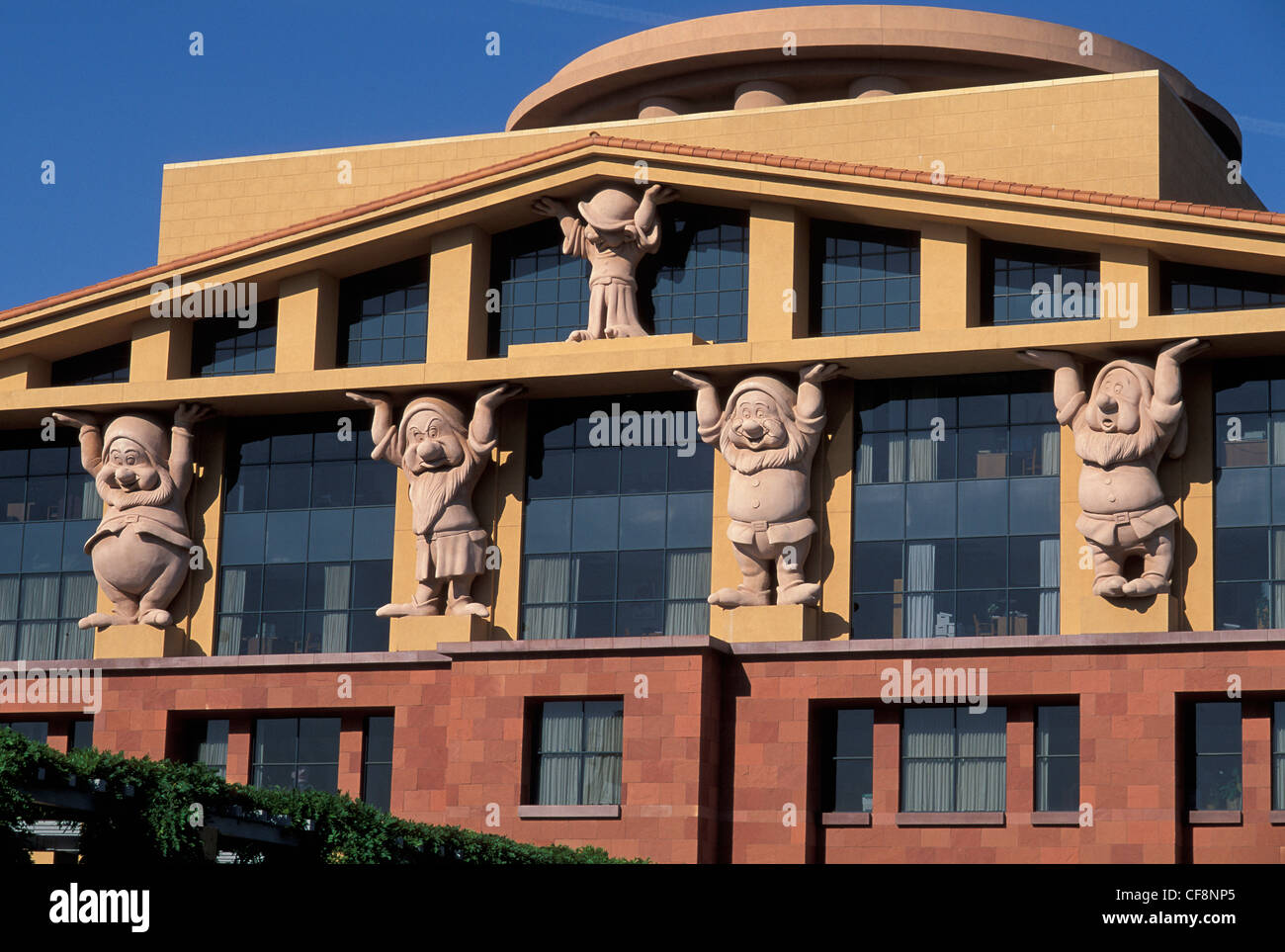 Modern, architecture, columns, seven dwarfs, Walt Disney Company Building, Burbank, Los Angeles, California, USA, United States, Stock Photo