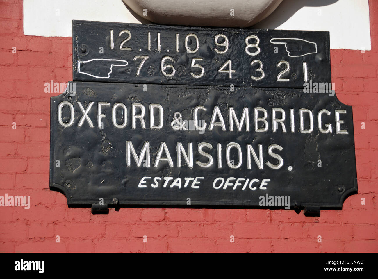 Oxford and Cambridge Mansions sign, London, England Stock Photo