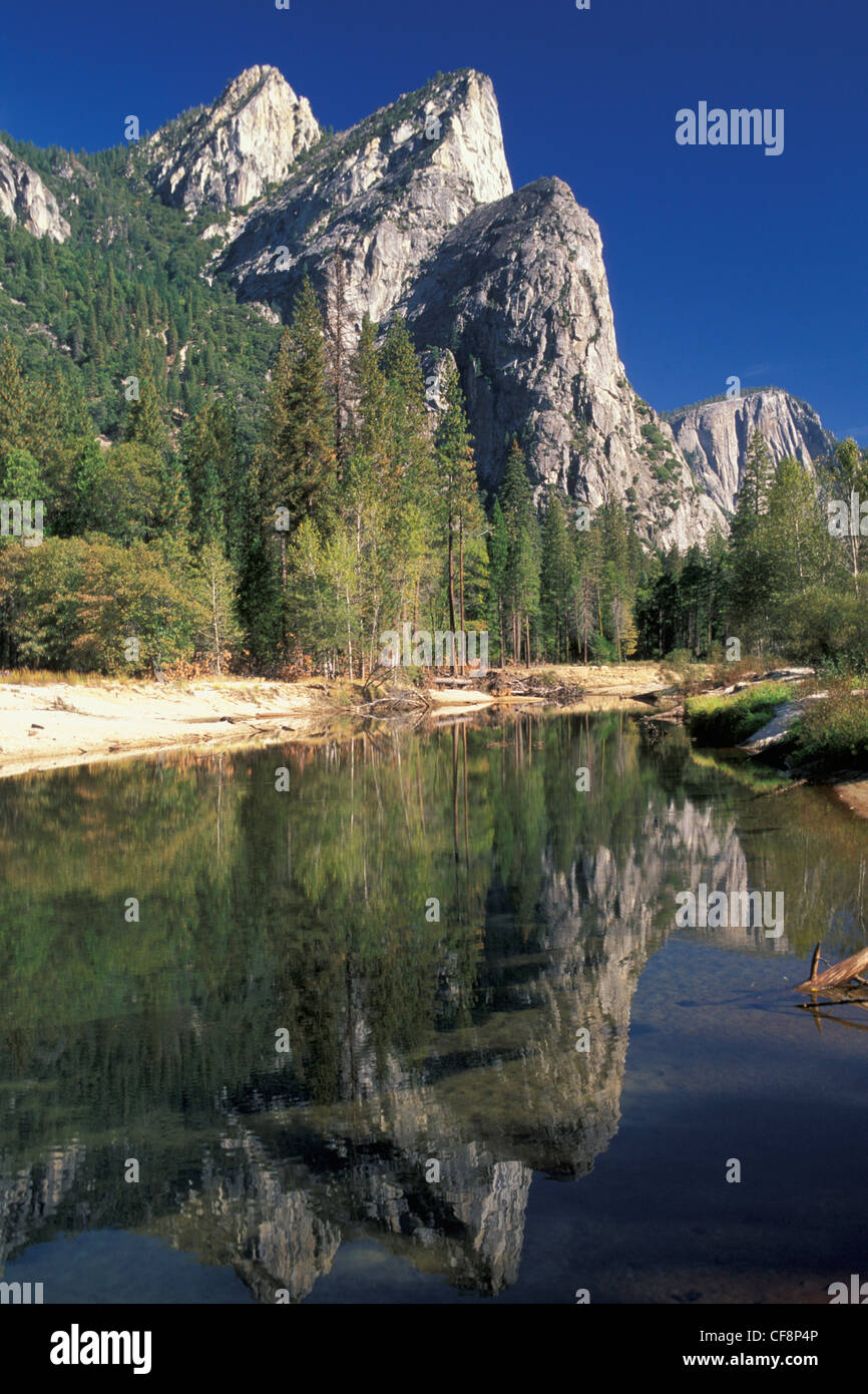 Merced River, Yosemite Valley, Yosemite, N.P., California, USA, United States, America, Merced river, cliffs, reflection, Yosemi Stock Photo