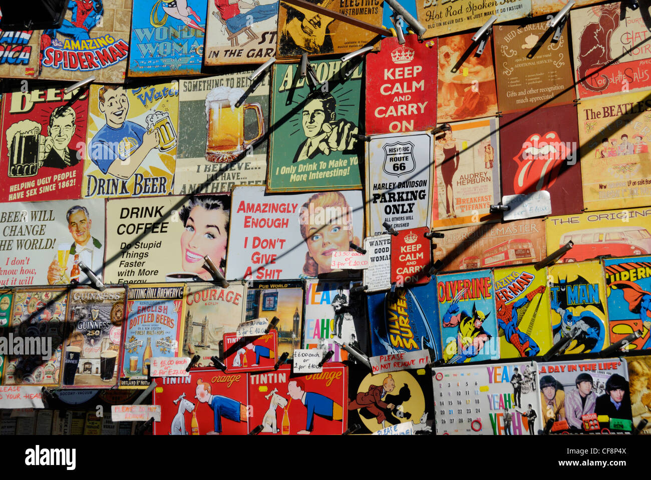 Vintage-style metal signs on a souvenir stall Stock Photo