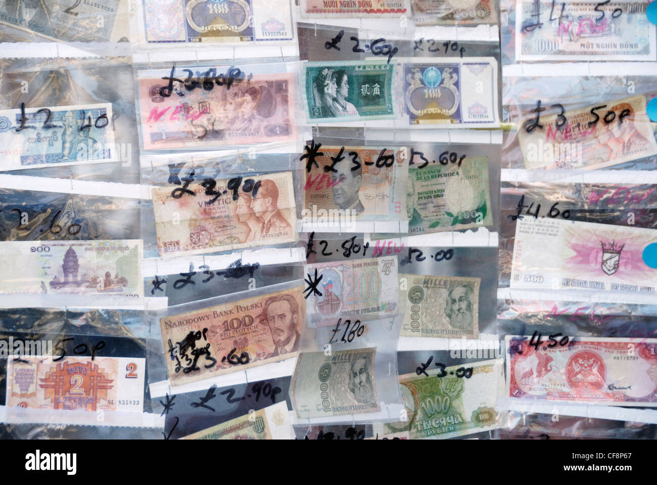 Old foreign bank notes for sale Stock Photo