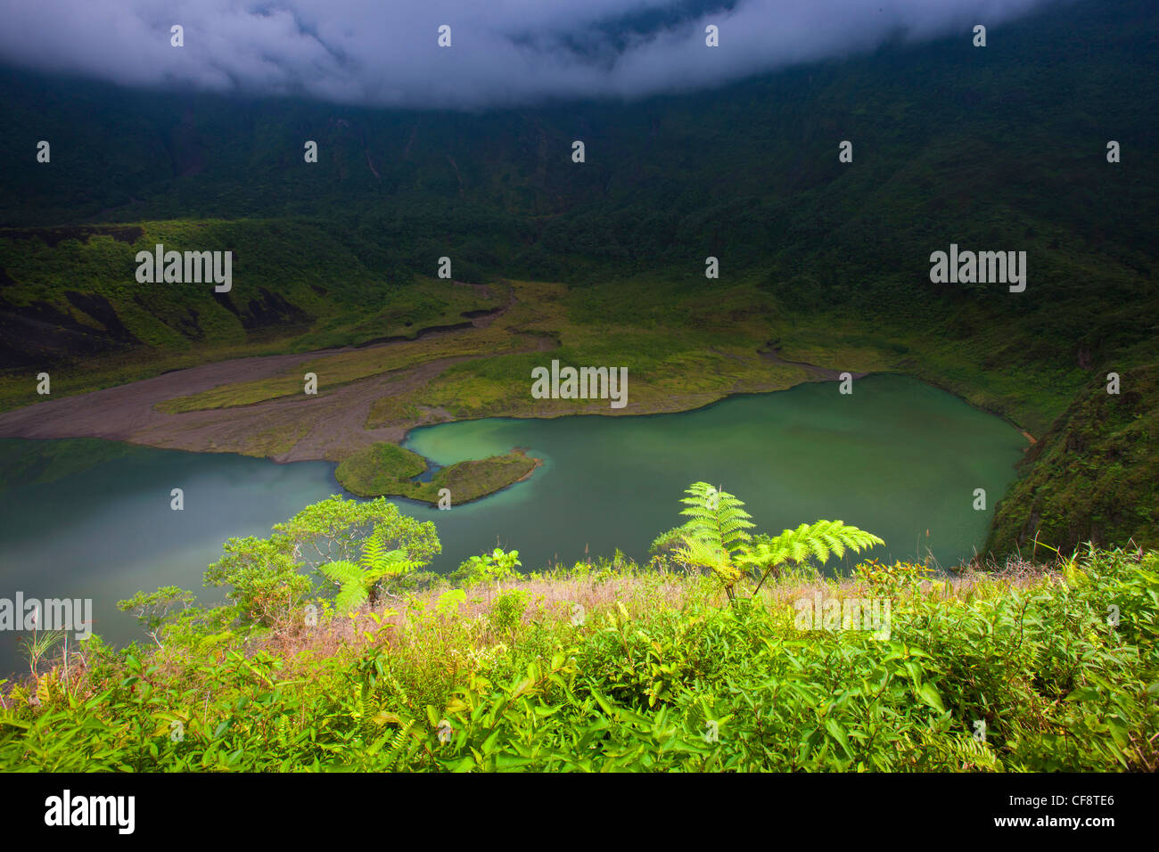 Galunggung, Indonesia, Asia, Java, volcano, volcanism, geology, crater, crater lake, lake, trees, fern, clouds, thunderstorm, mo Stock Photo