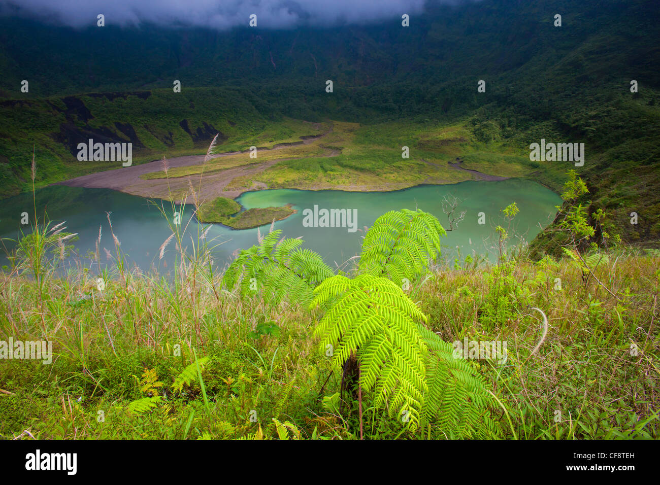 Galunggung, Indonesia, Asia, Java, volcano, volcanism, geology, crater, crater lake, lake, fern, thunderstorm, mood mood Stock Photo