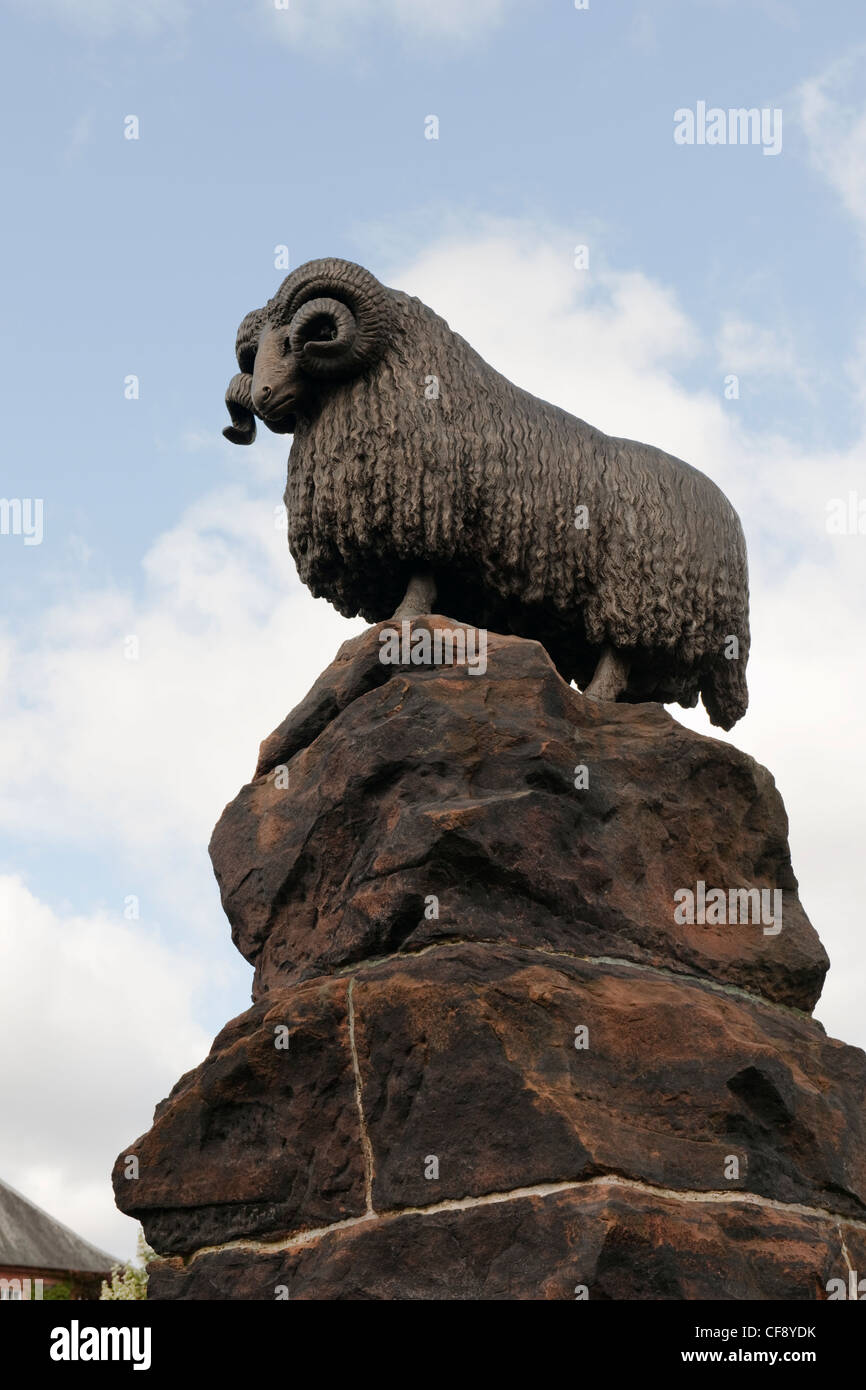 Moffat was a market town which traded in wool, & this is commemorated with a statue of a ram by William Brodie in town's Stock Photo