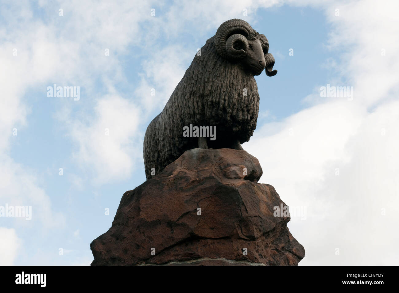 Moffat was a market town which traded in wool, & this is commemorated with a statue of a ram by William Brodie in town's Stock Photo
