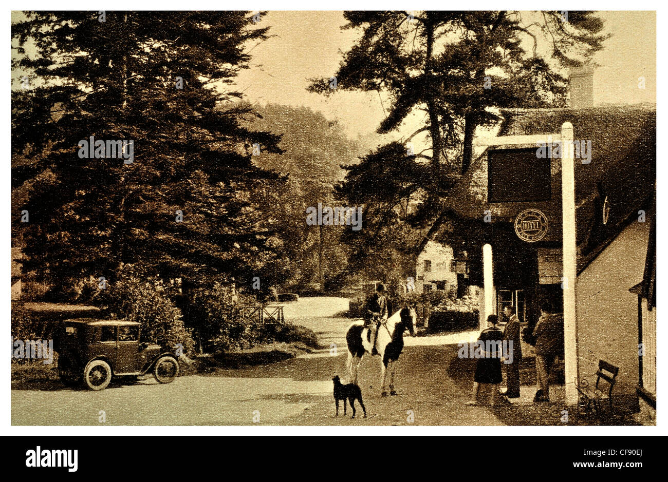 Winsford tavern Inn Pub Public house shop village horse riding dog thatched thatch cottage Somerset South West England Europe UK Stock Photo