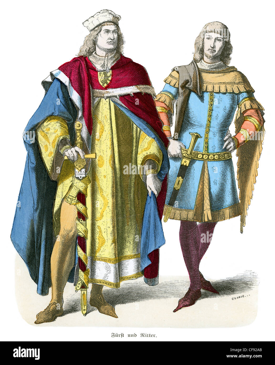 A couple of men in the dress of a 14th century Prince and Knight Stock Photo