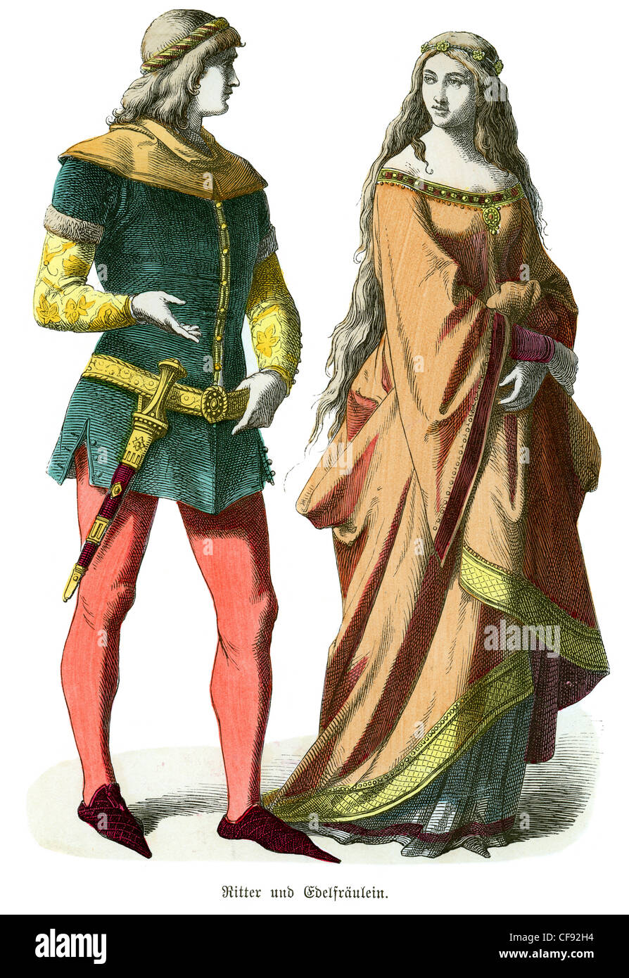 A couple in the dress of a 14th century knight and unmarried lady of noble rank Stock Photo