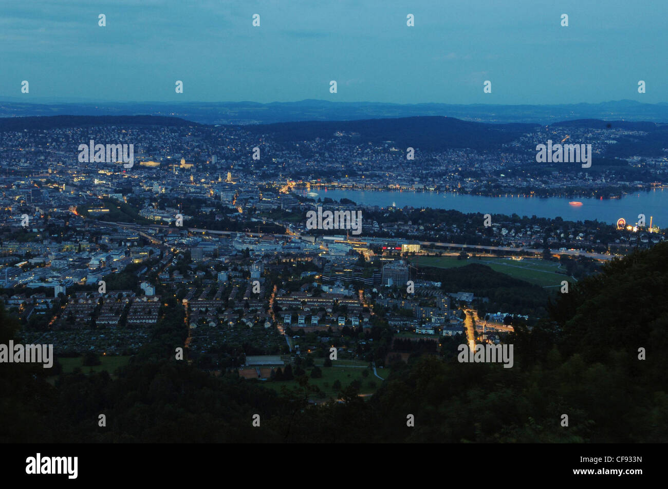 Town, City, Zurich, Uetliberg, dusk, twilight, lights, Switzerland, at night, view, Stock Photo