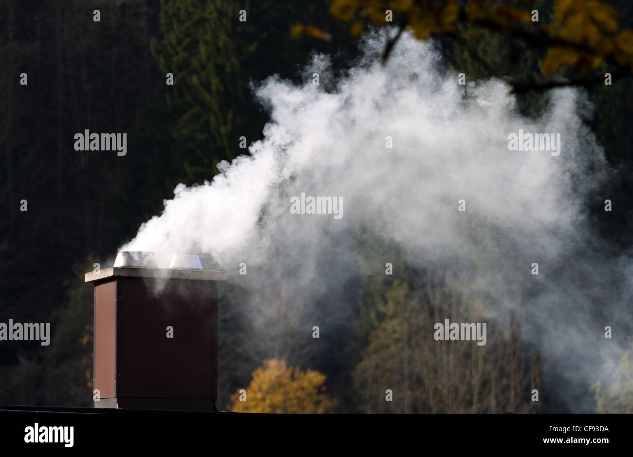 Rauchende Schornstein eines Wohnhauses. Abgase und Umweltschutz Stock Photo