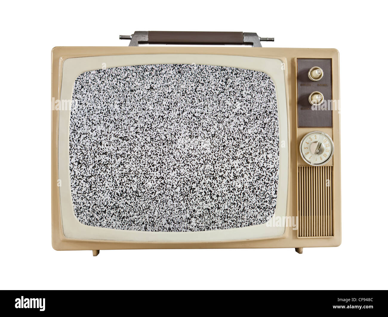 Vintage 1960's portable television with static screen, isolated on white. Stock Photo